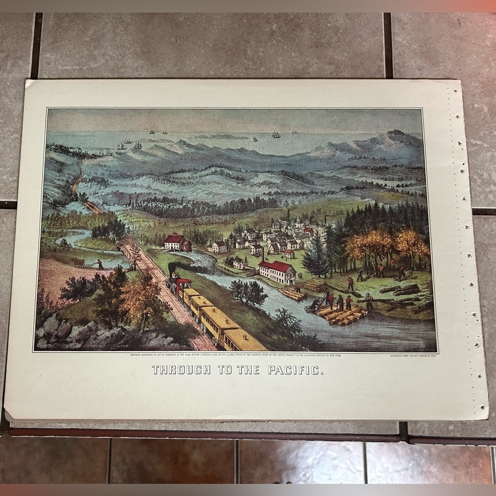 Vintage Currier and Ives Paper Book Print Through To The Pacific 12x15